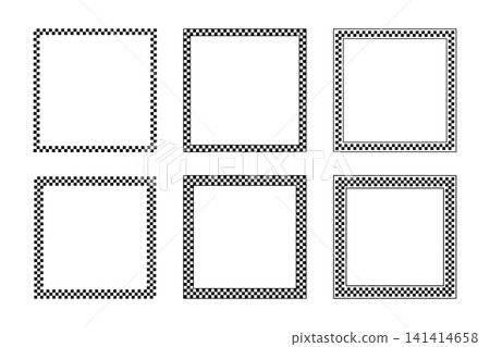 Set of square frames with checkered black and white print. Quadrangular vignettes with checkerboard, rally flag, chess game plane, taxi or police pattern. Vector graphic illistration Set of square frames with checkered black and white print. Quadrangular vignettes with checkerboard, rally flag, chess game plane, taxi or police pattern. Vector graphic illistration 141414658
