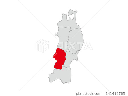 A grayscale vector illustration of the six prefectures of the Tohoku region, with Yamagata Prefecture highlighted in red. A grayscale vector illustration of the six prefectures of the Tohoku region, with Yamagata Prefecture highlighted in red. 141414765
