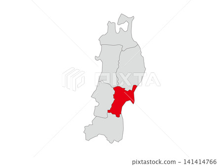 A grayscale vector illustration of the six prefectures of the Tohoku region, with Miyagi Prefecture highlighted in red. A grayscale vector illustration of the six prefectures of the Tohoku region, with Miyagi Prefecture highlighted in red. 141414766