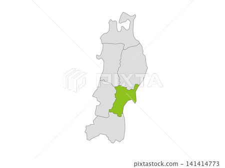 A grayscale vector illustration of the six prefectures of the Tohoku region, with Miyagi Prefecture highlighted in green. A grayscale vector illustration of the six prefectures of the Tohoku region, with Miyagi Prefecture highlighted in green. 141414773