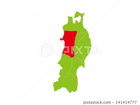A vector illustration of a green map of the six prefectures of the Tohoku region, with Akita Prefecture highlighted in red. 141414777