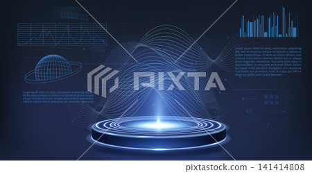 Futuristic neon podium with holographic display 141414808
