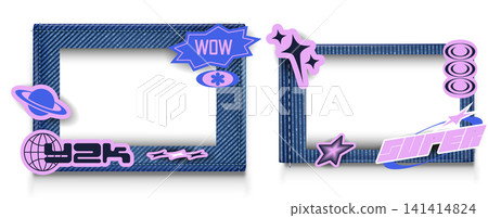Realistic set of denim frames with y2k patches Realistic set of denim frames with y2k patches 141414824