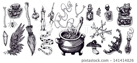 Vintage witchcraft sketch with potion bottles Vintage witchcraft sketch with potion bottles 141414826