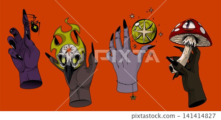 Vector set of witch hands holding magic items Vector set of witch hands holding magic items 141414827