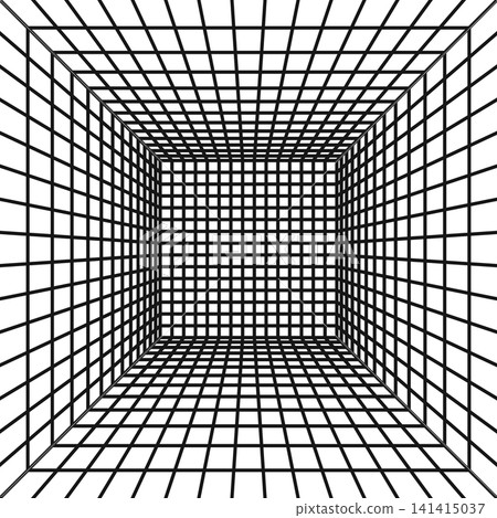 Black square wireframe in perspective on white background. Quadrangular room or portal grid texture in futuristic style. 3D cage structure. Metaverse space. Vector graphic illustration 141415037