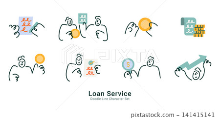 Loan Service. Line doodle people signing documents, exchanging coins and reviewing approved loan paperwork for finance concepts. Loan Service. Line doodle people signing documents, exchanging coins and reviewing approved loan paperwork for finance concepts. 141415141