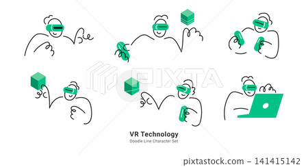 VR Technology. Line doodle people wearing virtual reality headsets, holding controllers and a 3D cube, exploring digital tech concepts. VR Technology. Line doodle people wearing virtual reality headsets, holding controllers and a 3D cube, exploring digital tech concepts. 141415142