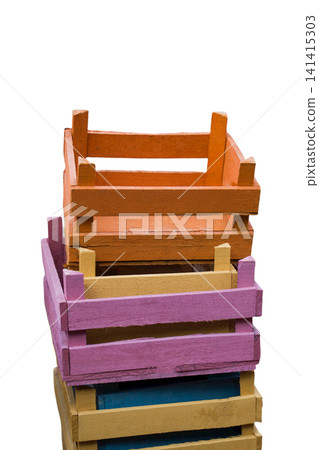 Colorful Empty wooden crate box isolated on white. Wooden crate for fruits and vegetables. Colorful Empty wooden crate box isolated on white. Wooden crate for fruits and vegetables. 141415303