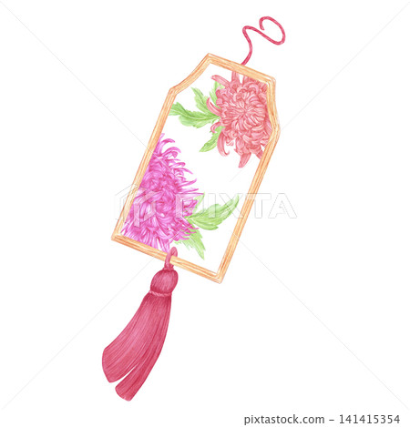 Hand drawn watercolor chineese peiyu charm with red and pink chrysanthemum blossom green leaves and tassel composition. Illustration isolated on white background. Can be used for postcard, label, scra Hand drawn watercolor chineese peiyu charm with red and pink chrysanthemum blossom green leaves and tassel composition. Illustration isolated on white background. Can be used for postcard, label, scra 141415354