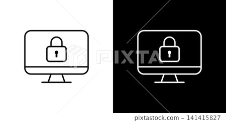 A desktop PC icon with a padlock displayed on the screen. A set of monochrome black and white vector illustrations. A desktop PC icon with a padlock displayed on the screen. A set of monochrome black and white vector illustrations. 141415827