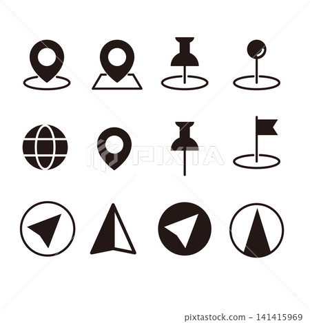 Location information icon set: Map pins, pushpins, flags, and navigation symbols. Location information icon set: Map pins, pushpins, flags, and navigation symbols. 141415969