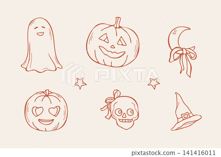 Hand drawn Halloween cute ghost and pumpkin doodle set Hand drawn Halloween cute ghost and pumpkin doodle set 141416011