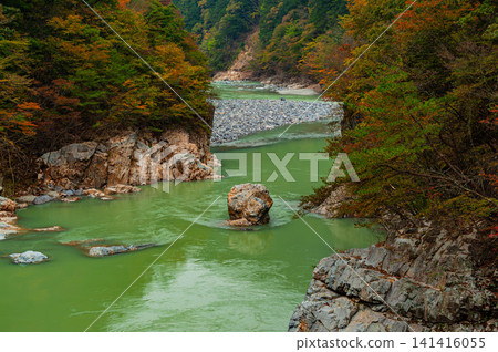 流經龍王峽谷的鬼怒川和山間五彩繽紛的秋葉 流經龍王峽谷的鬼怒川和山間五彩繽紛的秋葉 141416055