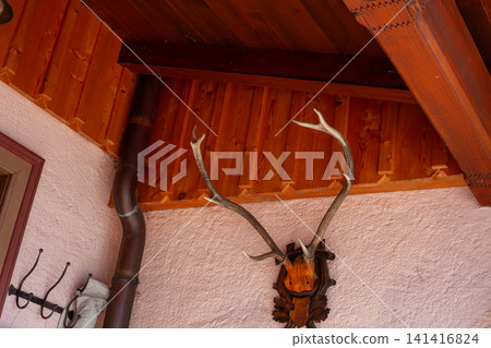 Deer Antlers Trophy on Wall below Wooden Roof Elements of Traditional House in Hallstatt Austria Deer Antlers Trophy on Wall below Wooden Roof Elements of Traditional House in Hallstatt Austria 141416824