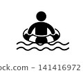 A pictogram showing a person swimming safely while wearing a lifebuoy. 141416972