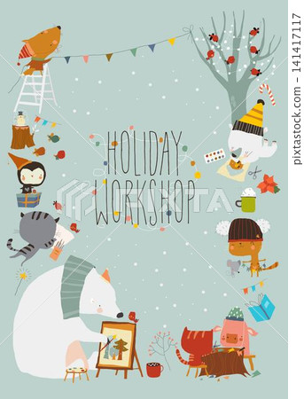 Cartoon Cute Frame With Animals Getting Ready For Christmas, Painting,Handiwork. Holidays Workshop Cartoon Cute Frame With Animals Getting Ready For Christmas, Painting,Handiwork. Holidays Workshop 141417117