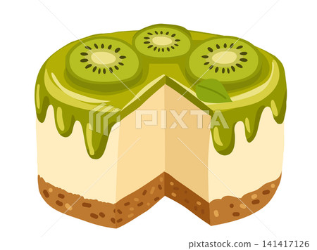 Kiwi cheesecake slice with green glaze and biscuit crust Kiwi cheesecake slice with green glaze and biscuit crust 141417126
