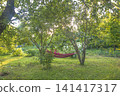 Summer leisure acitivites; red garden hamac in the summer blooming garden by sunny day 141417317