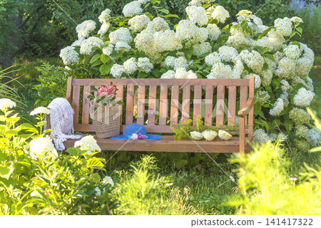 Blue hat, wicker basket with summer vegetable on a wooden bench in a blooming summer garden 141417322