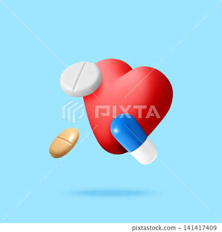 3D Red heart shape floating with medical tablets 3D Red heart shape floating with medical tablets 141417409