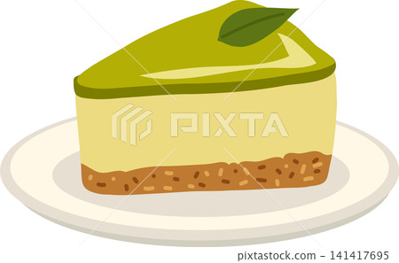 Matcha cheesecake slice with green tea topping and biscuit crust on white plate Matcha cheesecake slice with green tea topping and biscuit crust on white plate 141417695