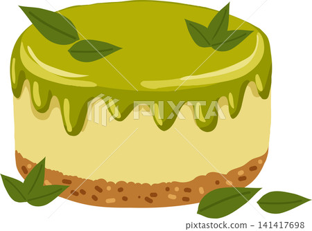 Whole green tea cake with dripping matcha icing. Cartoon matcha cheesecake Whole green tea cake with dripping matcha icing. Cartoon matcha cheesecake 141417698