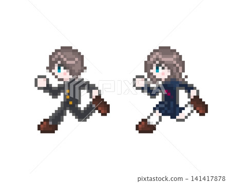 Pixel art of male and female students in sailor uniforms and school uniforms running. Pixel art of male and female students in sailor uniforms and school uniforms running. 141417878