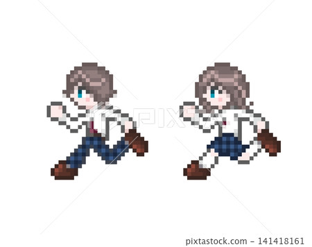Pixel art depicting male and female students in school uniforms running. Pixel art depicting male and female students in school uniforms running. 141418161