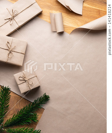 Minimal Christmas Packaging Scene Wrapped Presents Minimal Christmas Packaging Scene Wrapped Presents 141418214