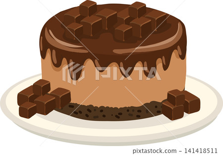 Chocolate dessert cake with rich cocoa glaze. Round chocolate cake with glossy cocoa frosting and chocolate cubes Chocolate dessert cake with rich cocoa glaze. Round chocolate cake with glossy cocoa frosting and chocolate cubes 141418511