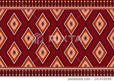 American Navajo pattern design. Ethnic ornament on the carpet. Aztec style. Tribal. motif. Boho, ornament, clothing, textile, wrapping, background, wallpaper, carpet, embroidery, print 141418599
