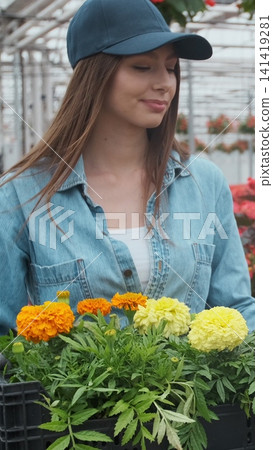 Vertical video Happy Industrial Greenhouse Worker Carry Boxes Full of Flowers. Smiling and Happy woman with flowers she Growing. Vertical video Happy Industrial Greenhouse Worker Carry Boxes Full of Flowers. Smiling and Happy woman with flowers she Growing. 141419281