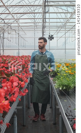 Vertical video Gardeners working at the greenhouse seedlings successfully puts. 141419310