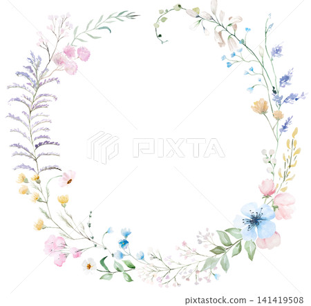 Watercolor floral wreath with pastel wildflowers, isolated floral illustration for wedding stationery Watercolor floral wreath with pastel wildflowers, isolated floral illustration for wedding stationery 141419508