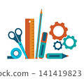 Back to school. Scissors, a ruler, pencil, highlighter, tape, and marker are illustrated in blue and orange hues, three gear.  141419823