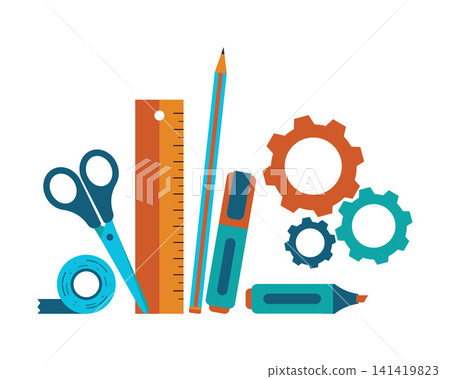 Back to school. Scissors, a ruler, pencil, highlighter, tape, and marker are illustrated in blue and orange hues, three gear. Back to school. Scissors, a ruler, pencil, highlighter, tape, and marker are illustrated in blue and orange hues, three gear. 141419823
