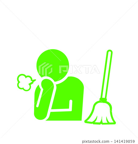 A pictogram (green) of a person sighing in exhaustion after sweeping with a broom. A pictogram (green) of a person sighing in exhaustion after sweeping with a broom. 141419859