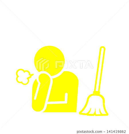 A pictogram (yellow) of a person sighing in exhaustion after sweeping with a broom. A pictogram (yellow) of a person sighing in exhaustion after sweeping with a broom. 141419862