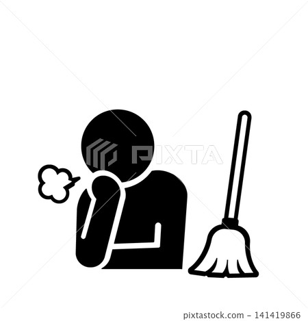 以黑色字體繪製的象形圖，描繪了一個人用掃帚掃地後疲憊地嘆氣的情景。 141419866