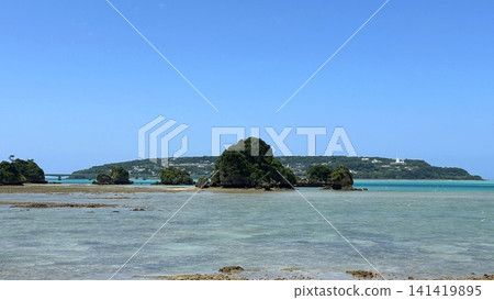 Kouri Island and the landscape of strangely shaped rocks viewed across the tidal flats. 141419895