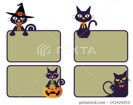 Cute black cat Halloween card frame and message label design set Cute black cat Halloween card frame and message label design set 141420053