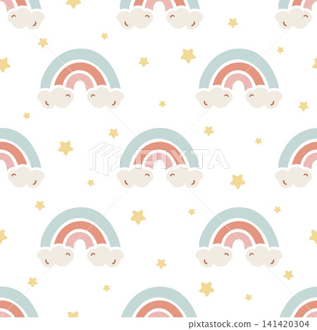 Seamless pattern with cute hand-drawn rainbows and stars in gender neutral color. Print for children's wallpaper, textile design, baby shower, newborn products, nursery decor for kids. Seamless pattern with cute hand-drawn rainbows and stars in gender neutral color. Print for children's wallpaper, textile design, baby shower, newborn products, nursery decor for kids. 141420304