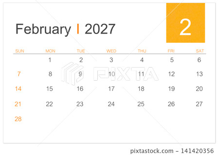 February calendar page for 2027 year isolated on white background, Save clipping path. February calendar page for 2027 year isolated on white background, Save clipping path. 141420356