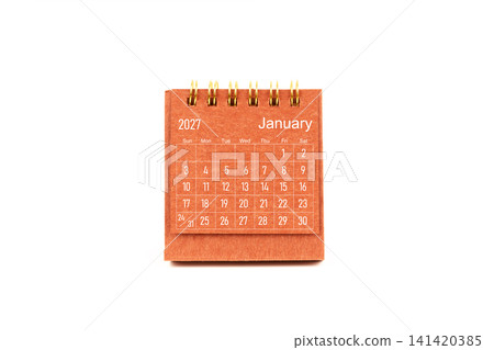 January 2027. Front view of mini desk calendar on white. January 2027. Front view of mini desk calendar on white. 141420385