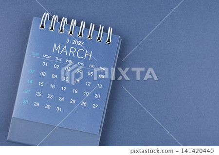 March 2027 calendar on blue color background. Desk calendar for planning. March 2027 calendar on blue color background. Desk calendar for planning. 141420440