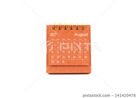 August 2027. Front view of mini desk calendar on white. August 2027. Front view of mini desk calendar on white. 141420478