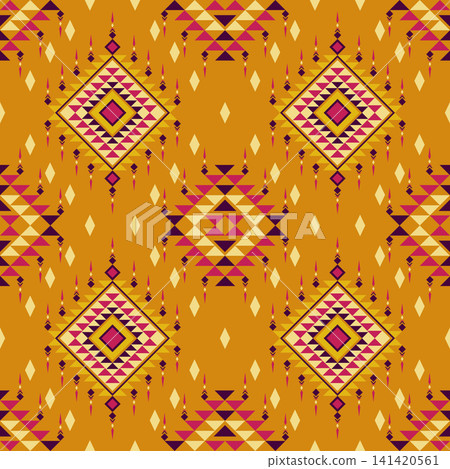 Seamless repeating geometric diamond pattern with ornamental ethnic-inspired motifs in mustard, purple and pink, suitable for textile printing, wallpaper, wrapping paper and decorative backgrounds. Seamless repeating geometric diamond pattern with ornamental ethnic-inspired motifs in mustard, purple and pink, suitable for textile printing, wallpaper, wrapping paper and decorative backgrounds. 141420561