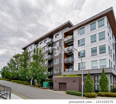 Panoramic View of Modern Multi-Story Apartment and Office Building Panoramic View of Modern Multi-Story Apartment and Office Building 141420570