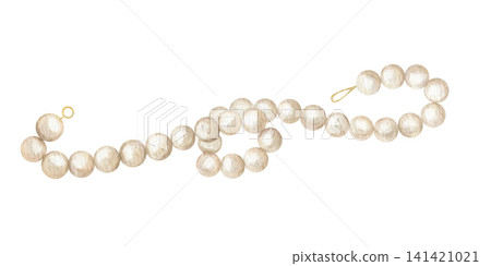 Pearl necklace watercolor illustration on isolated background. Jewelry accessory with round shiny beads in classic style design. Fashion bijouterie for wedding celebration or formal event. 141421021